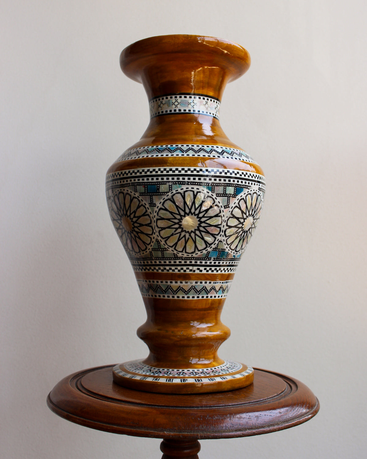 Mother of pearl inlay wooden vase